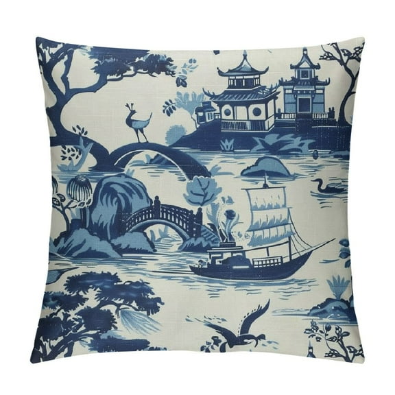Creowell Navy Blue Chinoiserie Pillow Covers Asian Scenic Decorative Outdoor Throw Pillows Tree Birds Pagoda Pillow Case Square Cushion Cover Decor for Sofa Couch Bed