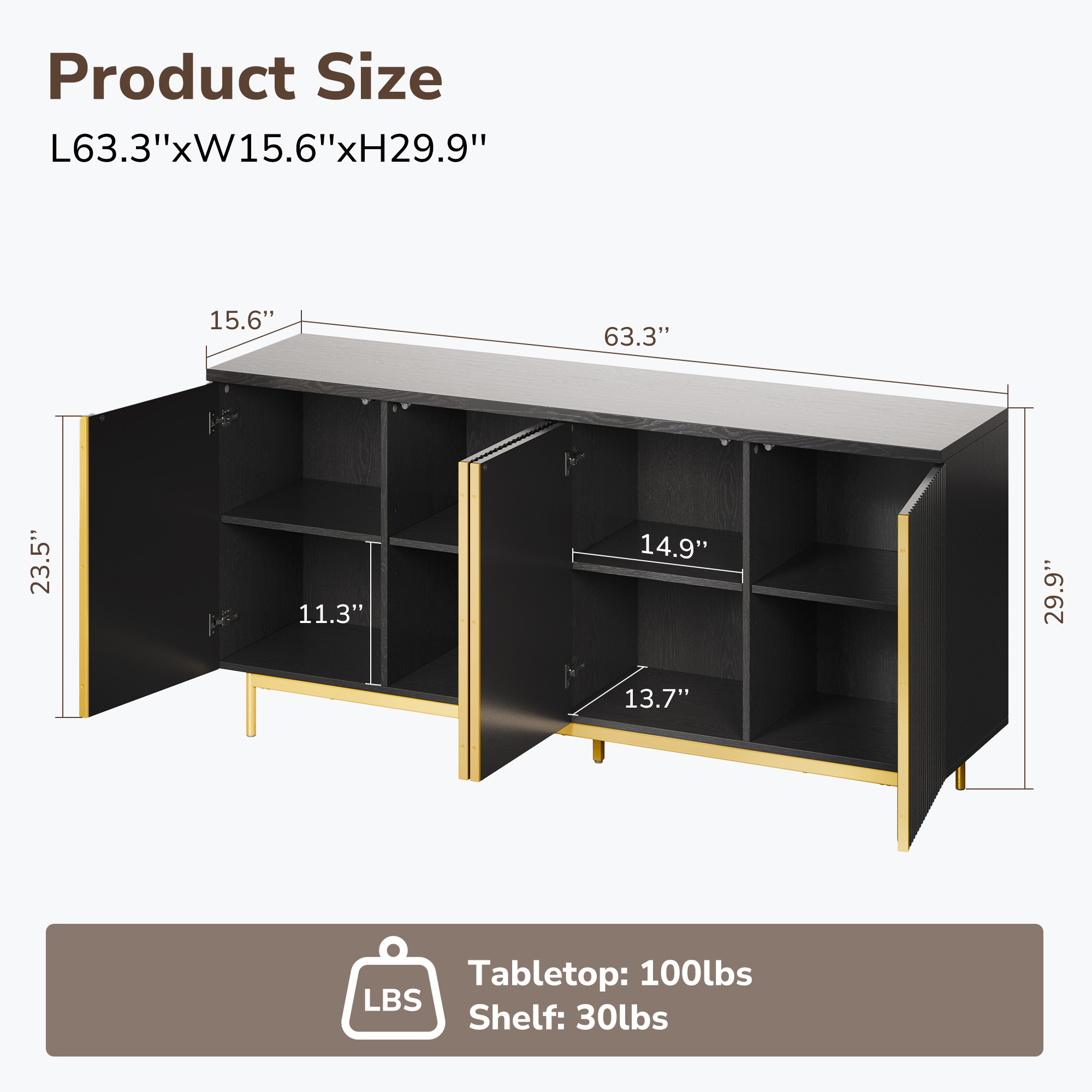 YEBABFIT BELLEZE Sideboard Buffet Colemen 160 Cm – Ante Scanalate E Cerniere A Rimbalzo, Camel - 4