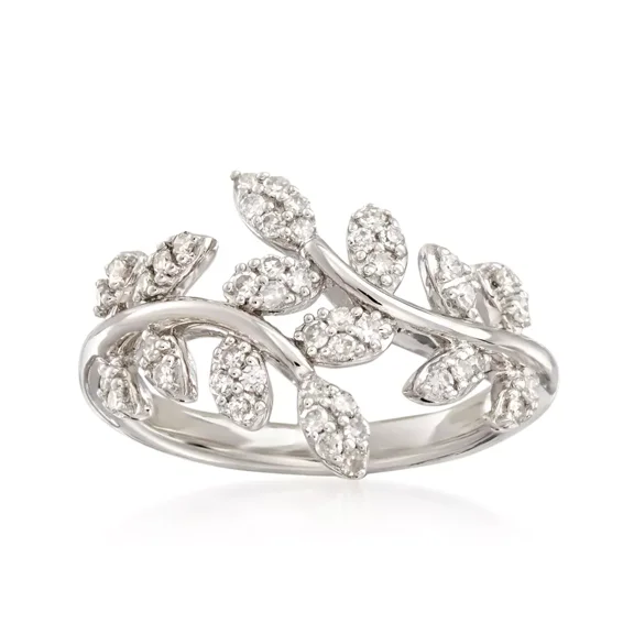 Dainty Bypass Leafy Diamond Ring, Botanical Design Diamond Engagement Ring, Pave Set Ring, 1.6 Ct Simulated Diamond, 14K White Gold Plated
