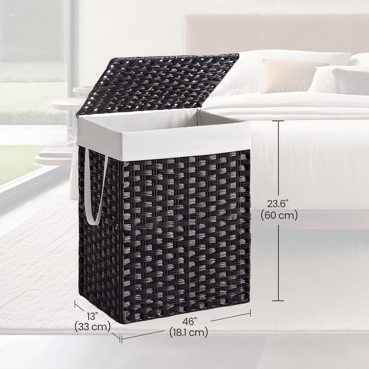 LEDREM Foldable Laundry Hamper with Removable Liner & Lid – 23.8 Gallon (90L) Synthetic Rattan Basket, Handles, Space-Saving for Bedroom，Bathroom, Black
