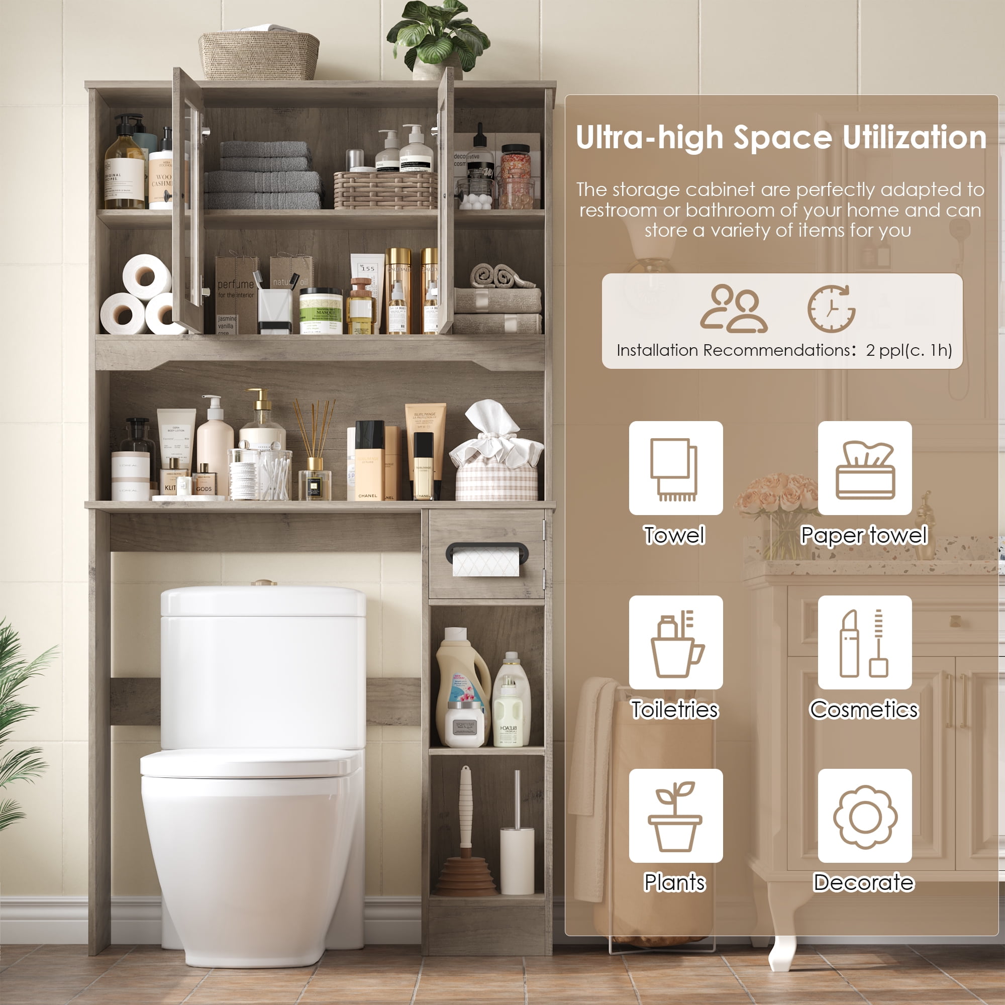 Homfa Over The Toilet Storage Cabinet with Toilet Paper Holder Stand, Above Toilet Organizer with Glass Doors, Behind Toilet Shelf for Restroom, Bathroom, Laundry, Wash Gray