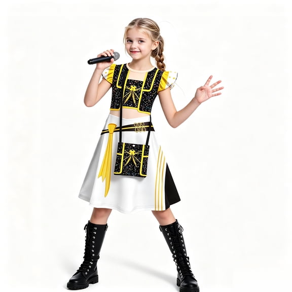 HTQWLP Girls Halloween Costume, POP Style Halloween Cosplay Sleeveless Skirt with Bag Dress Up Costumes, Girls Stage Performance Outfit, 3-12Y Birthday Halloween Party & Fancy Dress Playwear