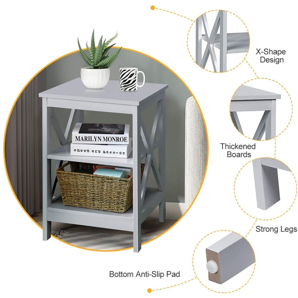 Finihen End Table, 3-Tier X-Design Nightstands with Storage Shelves, Bed Side Tables, for Living Room, Bedroom, Gray Finihen End Table, 3-Tier X-Design Nightstands with Storage Shelves, Bed Side Tables, for Living Room, Bedroom, Gray