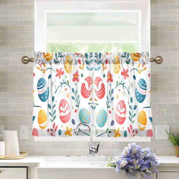 Yayeee Kitchen Curtains Tier Pair Light Filtering 27"x24" Rod Pocket Short Cafe Window Panel, Cute Easter Eggs