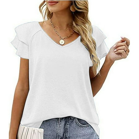 

Womens Elegant Ruffle Sleeveless Shirts Summer Casual Crewneck Solid Double Layer Tank Tops Comfy Loose Pocket Blouses