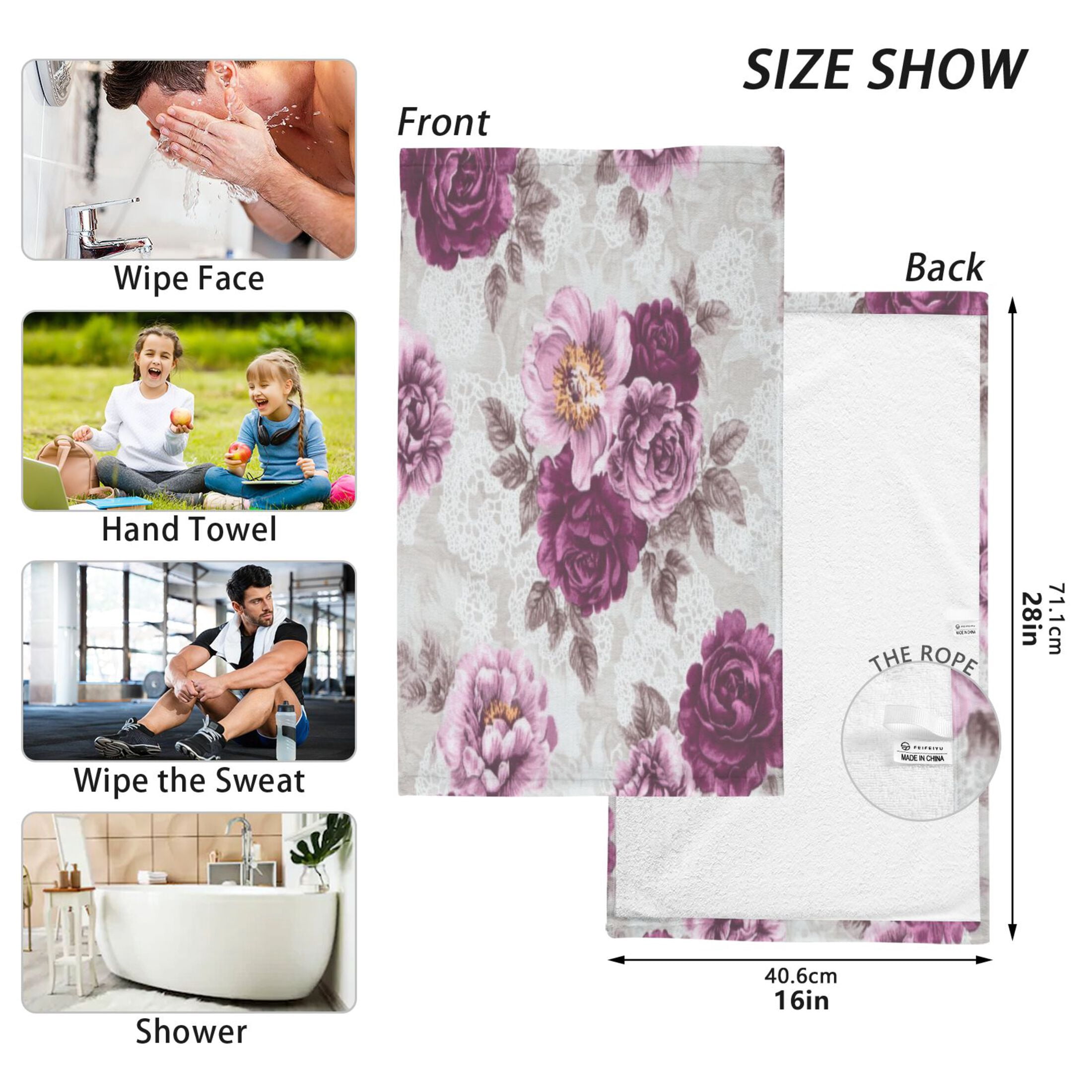 2 Pcs Absorbent Face Towel Bath Hand Towels Soft Breathable Cotton Towel Set for Bathroom Kitchen Hotel Spa Decor Magenta Roses