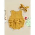 thumbnail image 4 of Qmyliery Baby Sleeveless Plain Pleated Crew Neck Ruffle Snap Bottom Jumpsuit,Bow Headband, 4 of 9