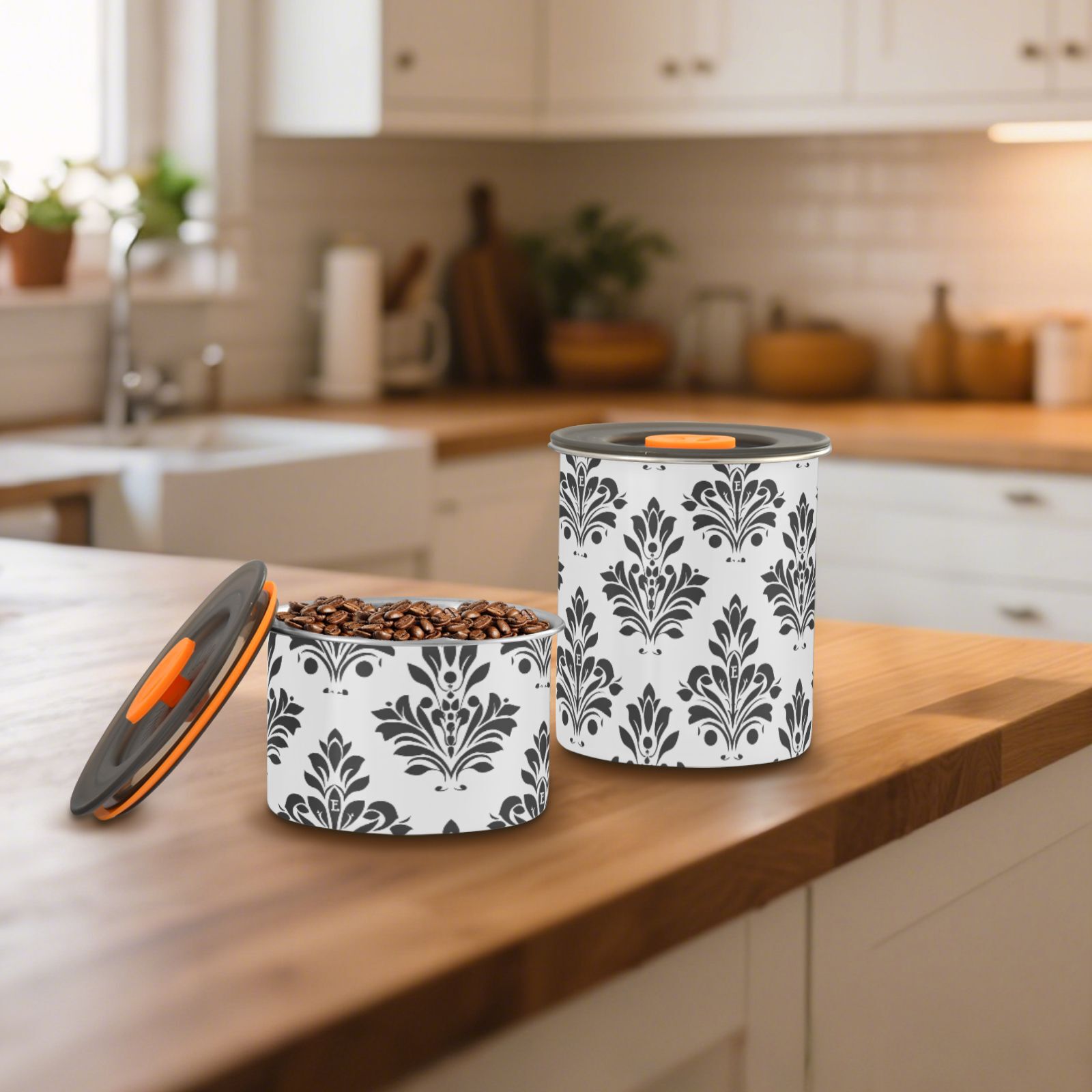 Black Damask Floral Airtight Coffee Bean Canister 30oz Food Storage Containers with Lids For Gournd, Tea, Sugar, Flour, Rice, Cereal, Candy Cookie Jar