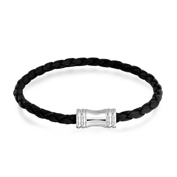 Bling Jewelry Black Woven Weave Thin Braided Cord Multi Strand Leather Bracelet For Women Silver Tone Magnetic Clasp Steel