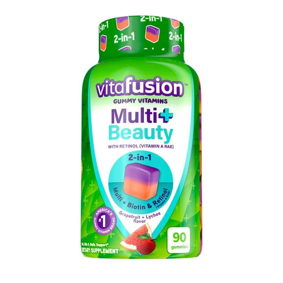Vitafusion Multi  Beauty – 2-in-1 Benefits & Flavors – Adult Gummy Vitamins with Hair, Skin & Nails Support* (Biotin & Retinol (Vitamin A RAE)) and Daily Multivitamin, 90 Count