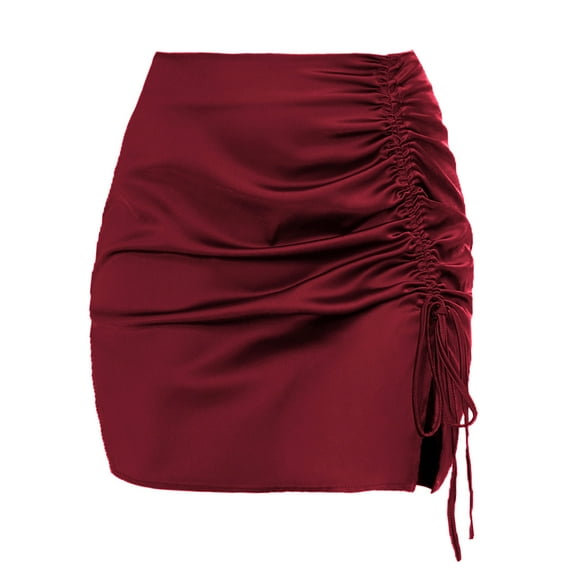yillto Womens Satin Silky Skirts Ruched Drawstring Split Fashion High Waist Short Skirt for Women