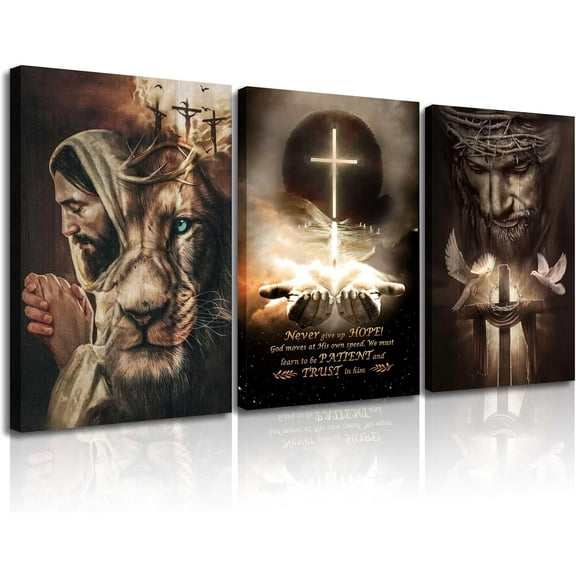 Aaroca 3Pcs Jesus Wall Art Jesus Lion Posters Pictures Christian Paintings Cross Bible Art Canvas Prints Cross And Peace Dove Decor Redemption And God Series For Room Religious Churches Wall Decor