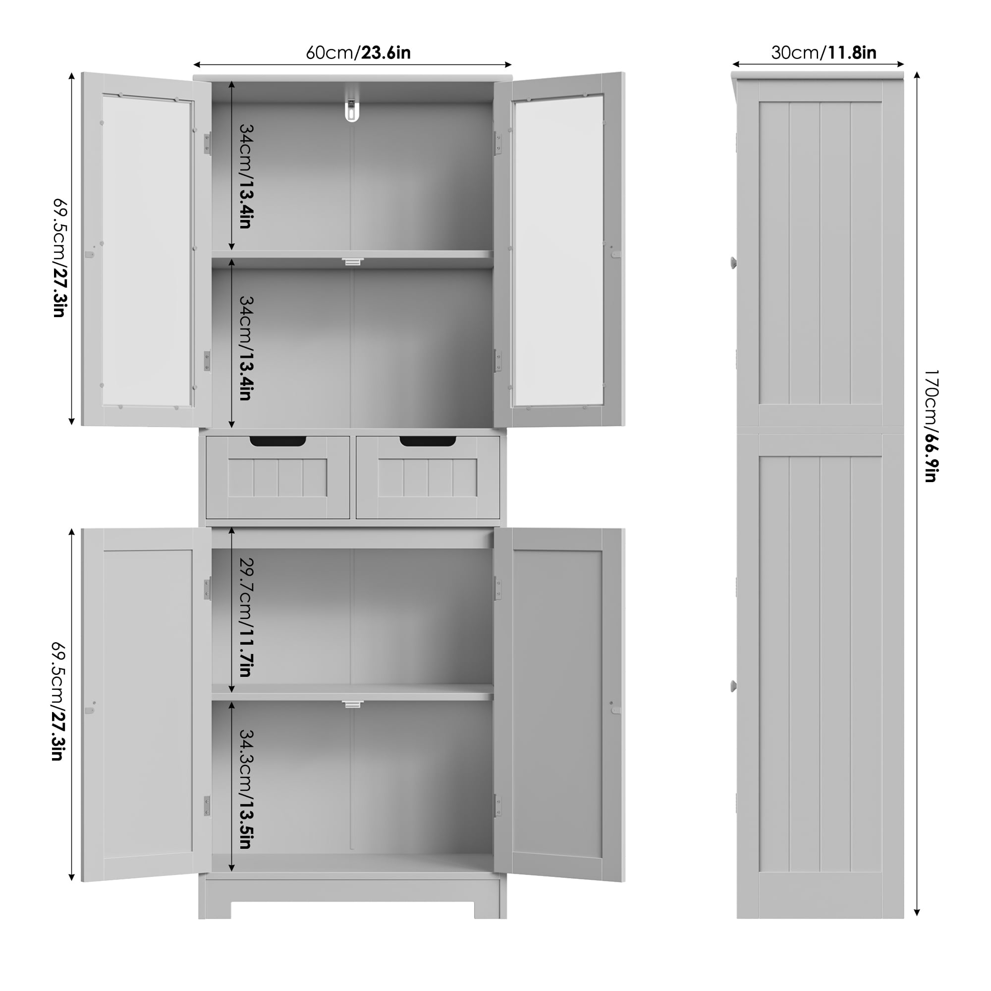 Homfa 4 Doors Bathroom Cabinet, 3-Tier Wood Tall Linen Storage Cabinet with 2 Drawers for Living Room, Gray