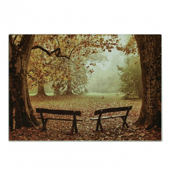 Autumn Cutting Board, Dramatic Scene with Fall Season Woodland and Wooden Old Benches Photo, Decorative Tempered Glass Cutting and Serving Board, in 3 Sizes, by Ambesonne