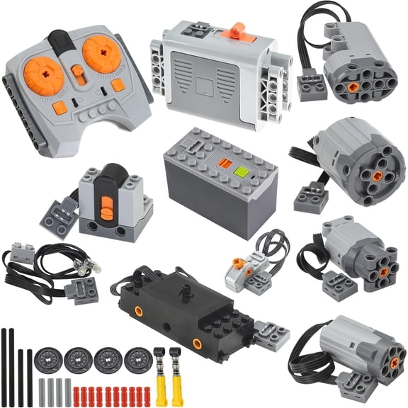 32-Piece Power Function Technology Motor Set Includes Infrared Receiver, Remote Control, Train Locomotive Motor with Battery Compartment.