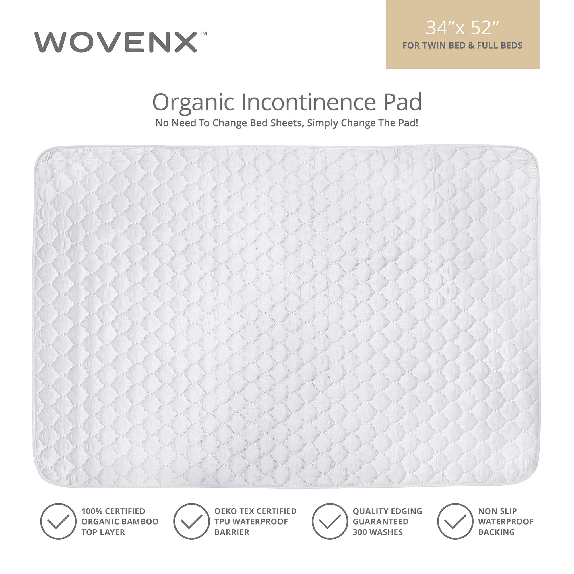 WOVENX Organic Incontinence Pads for Adults & Kids - 5 Layer Waterproof Protectors for Overnight Bed Wetting - Reusable & Washable Pee Pads - Fits Twin to Full Size Beds - 34" x 52" White
