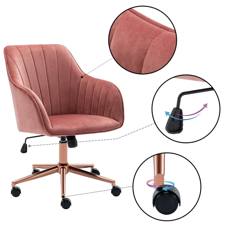 Duhome Elegant Lifestyle Velvet Desk Chair with Arms Swivel Adjustable Office Chair Computer Chair with Wheels for Girls Pink and Gold