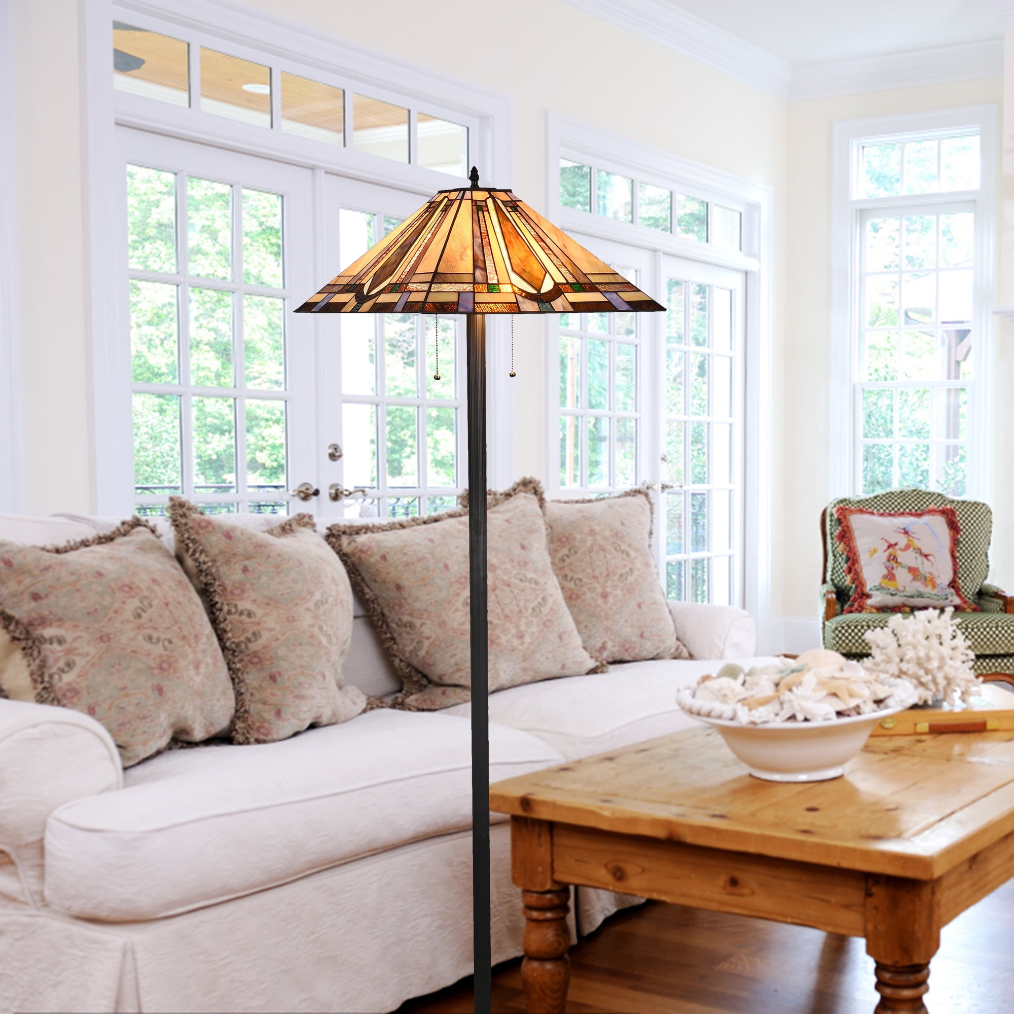 Tiffany Style Floor Lamp 65" Tall Bronze Mission Pattern Stained Glass Shade 16" for Living Room Reading Bedroom Office