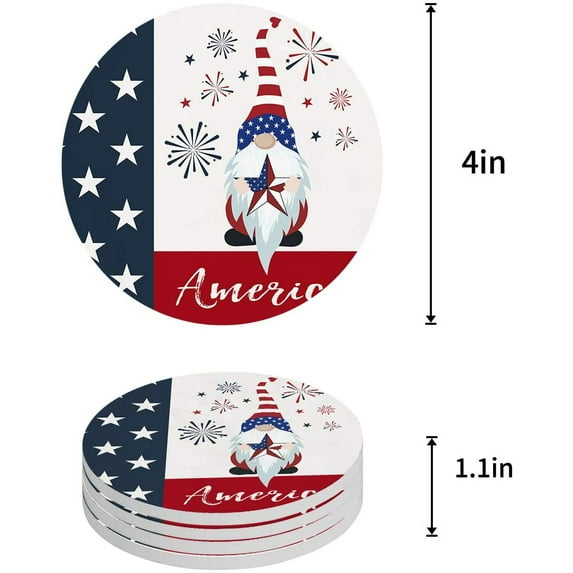 FMSHPON Independence Day Gnomes Set of 4 Round Coaster for Drinks, Absorbent Ceramic Stone Coasters Cup Mat with Cork Base for Home Kitchen Room Coffee Table Bar Decor