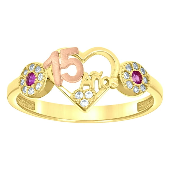 14k 14kt Two-tone Gold Womens Pink White Cubic-Zirconia Heart Anos 15 Quinceanera Ring