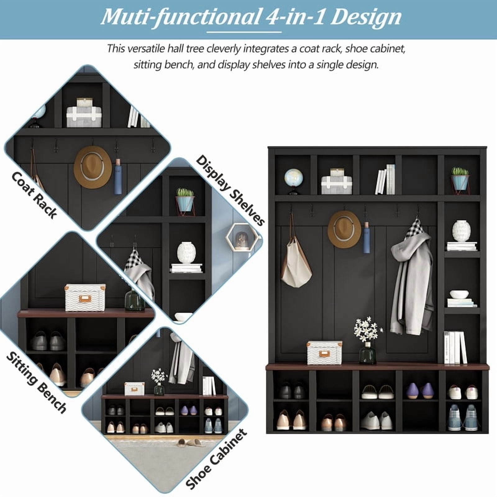 Farmhouse 4-in-1 Entryway Hall Tree with 6 Hooks, Versatile Storage Bench with Open Cubbies, Entryway Coat Rack with Adjustable Shelves for Mudroom, Living Room