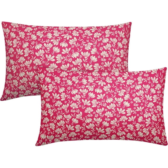 Hot Pink Beige Daisy Floral Lumbar Pillow Covers 12X20 Inch Vintage Flowers Pillow Cases Set of 2 Preppy Block Print Cotton Linen Throw Pillows Farmhouse Decor For Sofa Couch Porch Cushion Outdoor