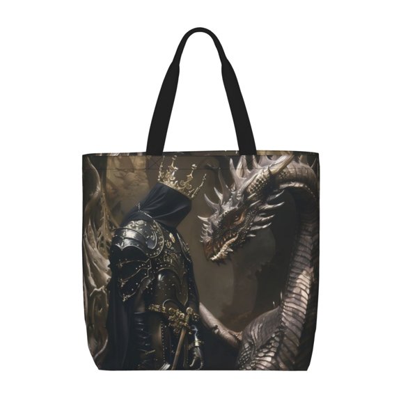 Hirioo Medieval Knight And Dragon for Tote Bag for Women, Quilted Shoulder Bag with Zipper, Large Capacity Handbags for Casual, Travel, Work