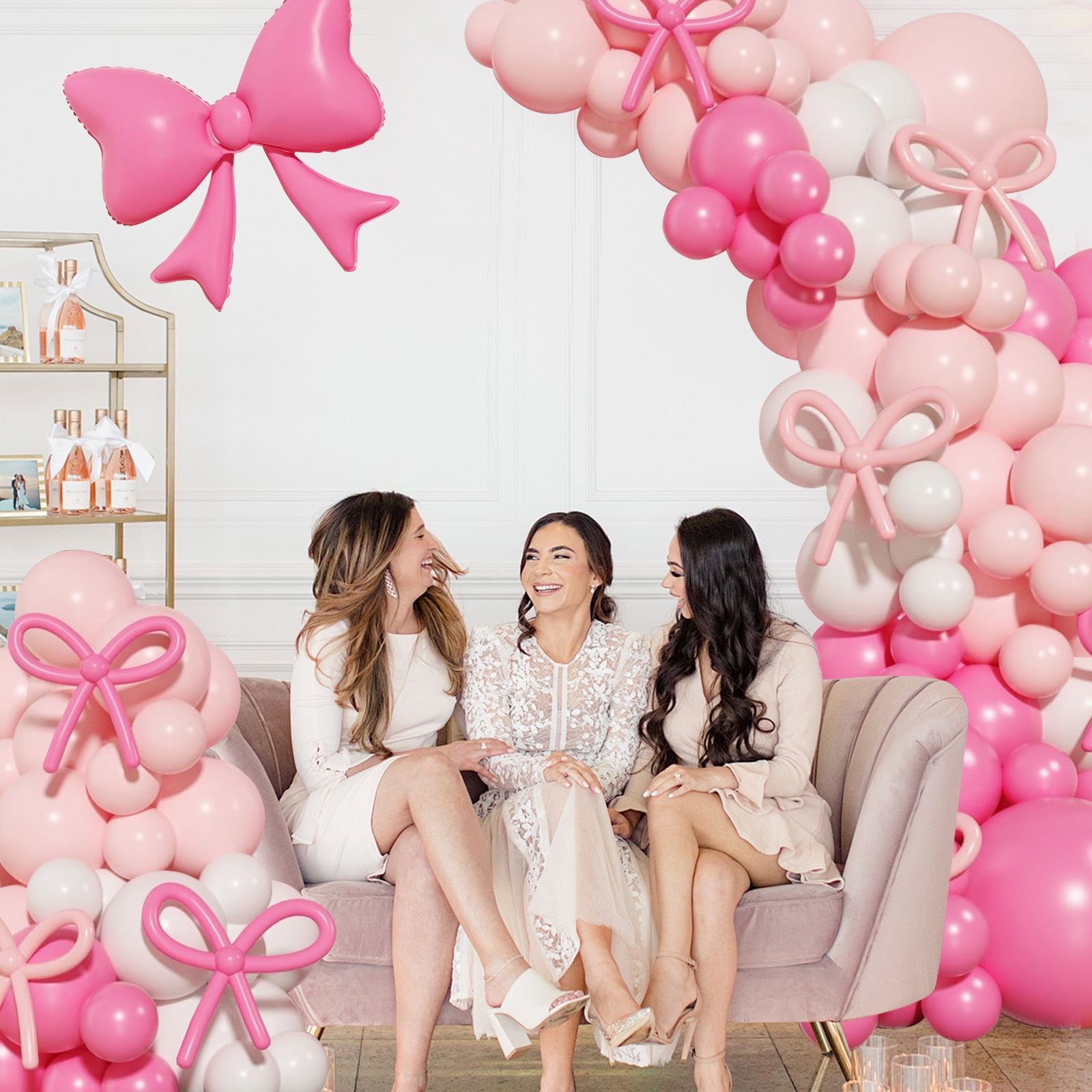 WODJR 149Pcs Bow Balloon Garland Arch Kit Coquette Birthday Decorations Pink White Balloon Arch Hot Pink Bowknot Balloon for Wedding Bridal Shower Girl Birthday Engagement Coquette Bow Party Supplies