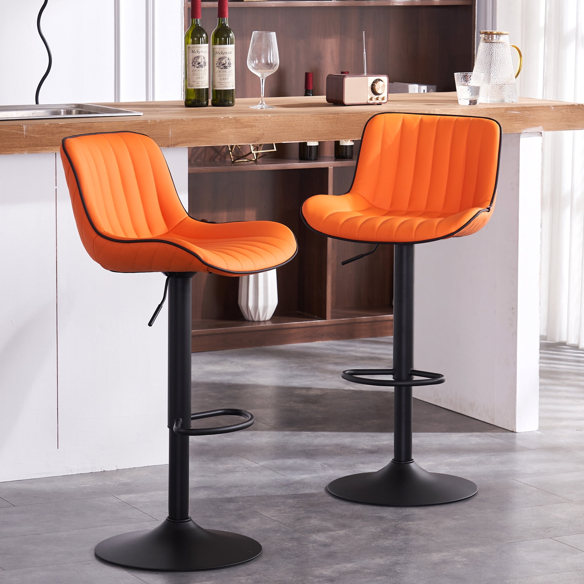 Kidol Shellder Soft Bar Stools Set of 2 Orange Adjustable Swivel Barstools with Back