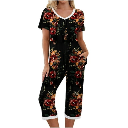 

RQYYD Women s Sleepwear Capri Pajama Sets Short Sleeve Two-Piece Pjs V Neck Lounge Sets Tops & Capri Pants with Pockets Cozy Pajamas Sets for Women