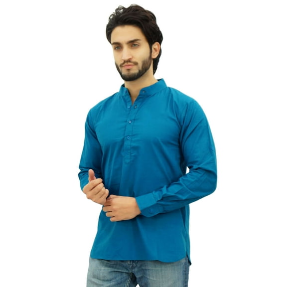 Atasi Ethnic Men's Short Kurta Teal Blue Mandarin Collar Cotton Shirt-Small