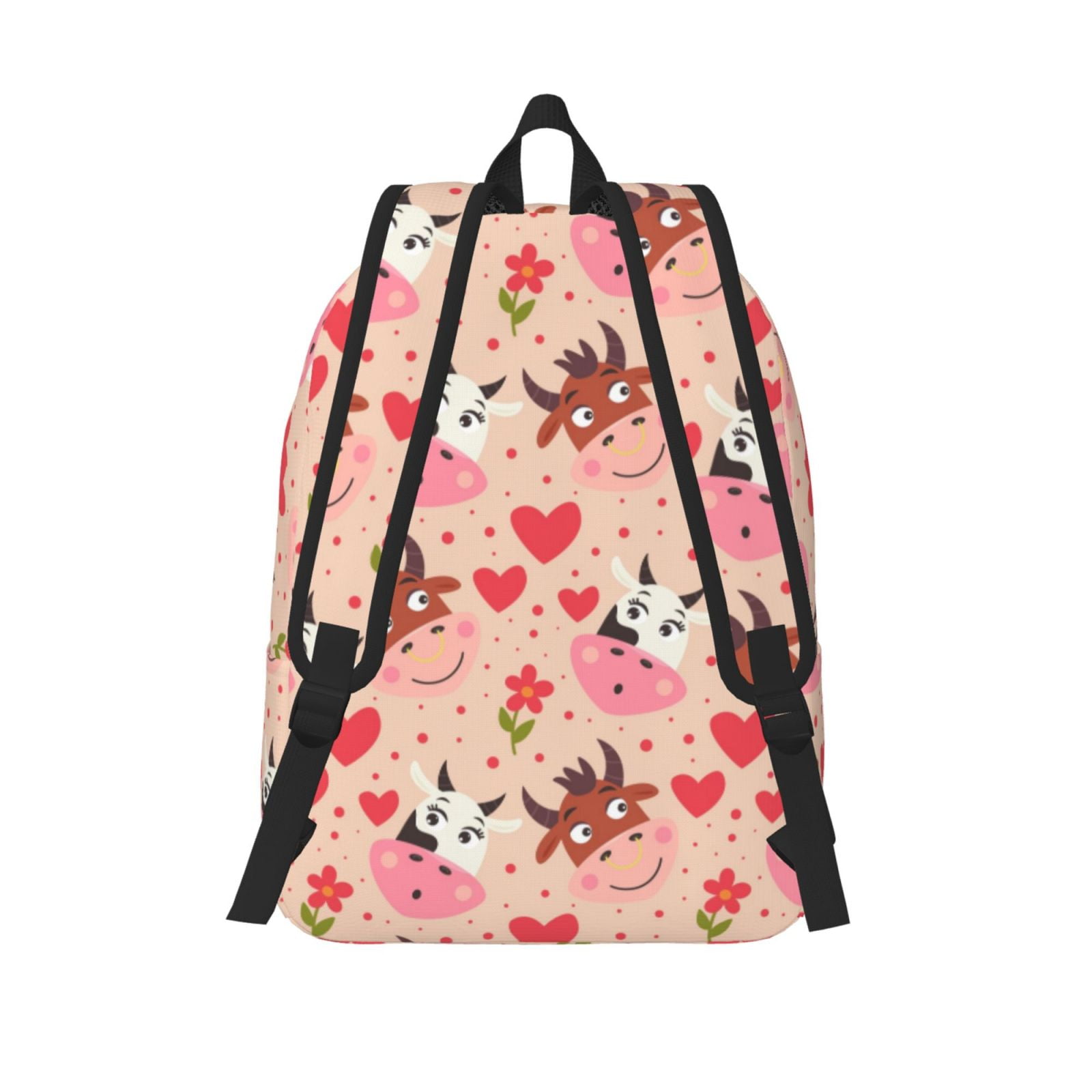 Picia Cow Flower And Heart Printed Canvas Daypack - Stylish and Durable Vintage Compact Backpack - Class, Work, Travel, or Laptop Bookbag,Organized Compartments-Medium