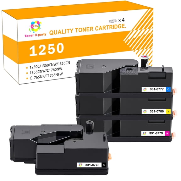 Toner H-Party 4-Pack Compatible 1250 Toner Cartridge for Dell 1250 331-0778 1250C 1350CNW 1355CN 1355CNW C1760NW C1765NF C1765NF Printer Ink Black, Cyan, Magenta, Yellow