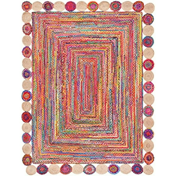 Jaipur Art And Craft Bohemian Rectangle Braided Jute with Multicolor Cotton Area Rug (2x3 Sq ft)