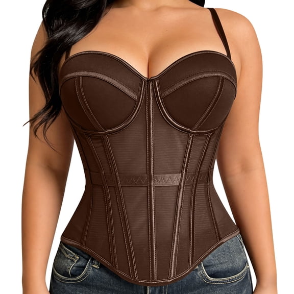 Shrysg Women's Mesh Corset Top with Built-in Pads, Spaghetti Strap Boned Bustier Crop Top, Breathable Satin & Mesh Design for Party and Clubwear