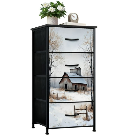 Dresser for Bedroom with 4 Storage Drawers Old Barn Snow Scene Nature Mural Old Wooden Barn Snow covered Ground Dressers Chest of Drawers Steel Framed Fabric Closet Organizers for Entryway