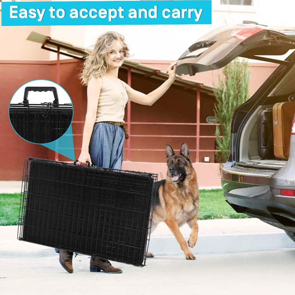 XF XINFENG 42 inch Folding Metal Dog Crate Indoor Outdoor Portable Dog Cage Kennel with Double-Door & Plastic Tray & Divider, Black
