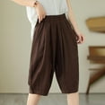 thumbnail image 4 of QATAINLAV Linen Shorts for Women Summer Casual Bermuda Shorts Lightweight Elastic Waist Beach Shorts Loose Knee-Length Wide Leg Shorts with Pockets Bermudas Para Mujer Para Verano Coffee L, 4 of 8