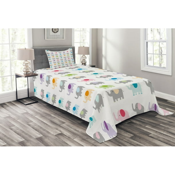 Nursery Bedspread Set, Cute Elephants in Various Color Combinations