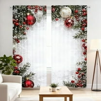 CISIL & Christmas Ball Holiday Printed Curtains, Red Luxury Xmas Print Curtains with Snowflakes and Pine Branches, 2 PCS 2D Flat Printed Season Holiday Party Decor for Bedroom Living Room