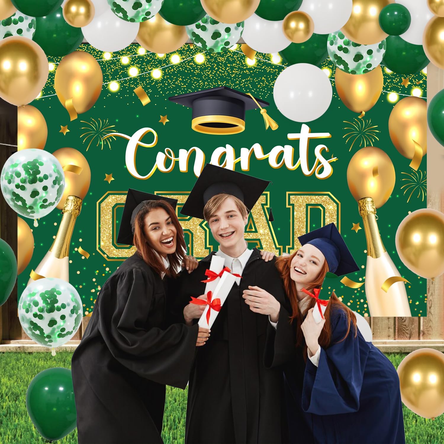 66Pcs Congrats Grad Decorations 2024, Green Gold Graduation Decor with Congrats Grad Backdrop Green Gold Silver Balloon Garland Arch Kit for Class of 2024 Grad Prom Graduation Supplies