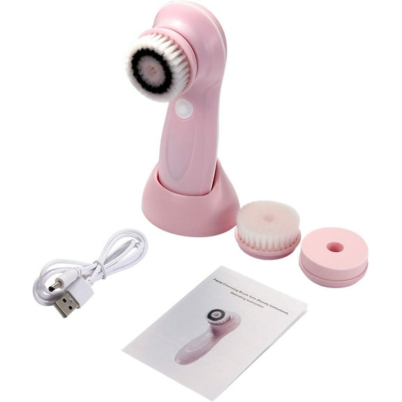 Facial Cleansing Brush Rechargeable Waterproof Electric Rotating Face Scrubber with 3 Brush Heads & 2 Speed Rotation - Deep Cleansing, Gentle Exfoliating for All Skin Types, Pink