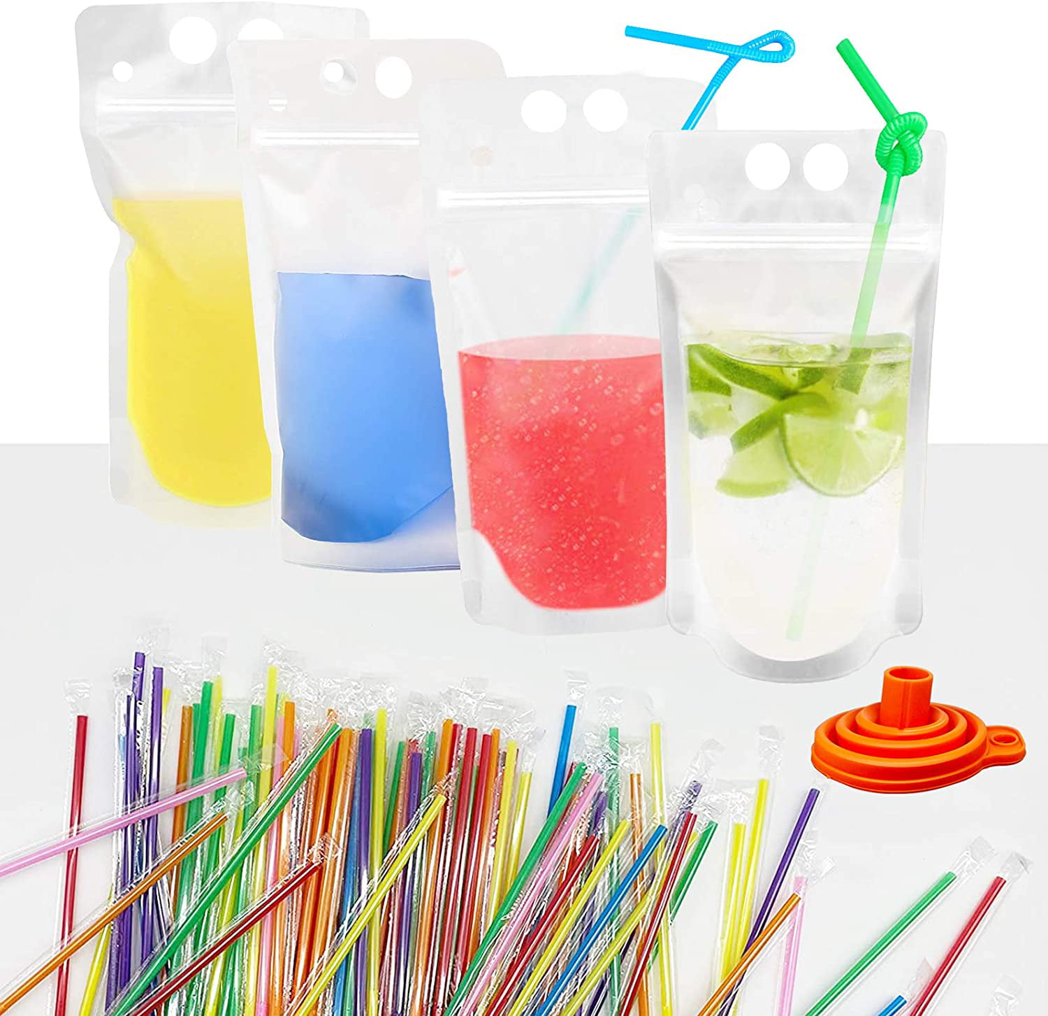 100 Pcs Stand-Up Plastic Drink Pouches Bags with 100 Drink Straws Zipper Clear 