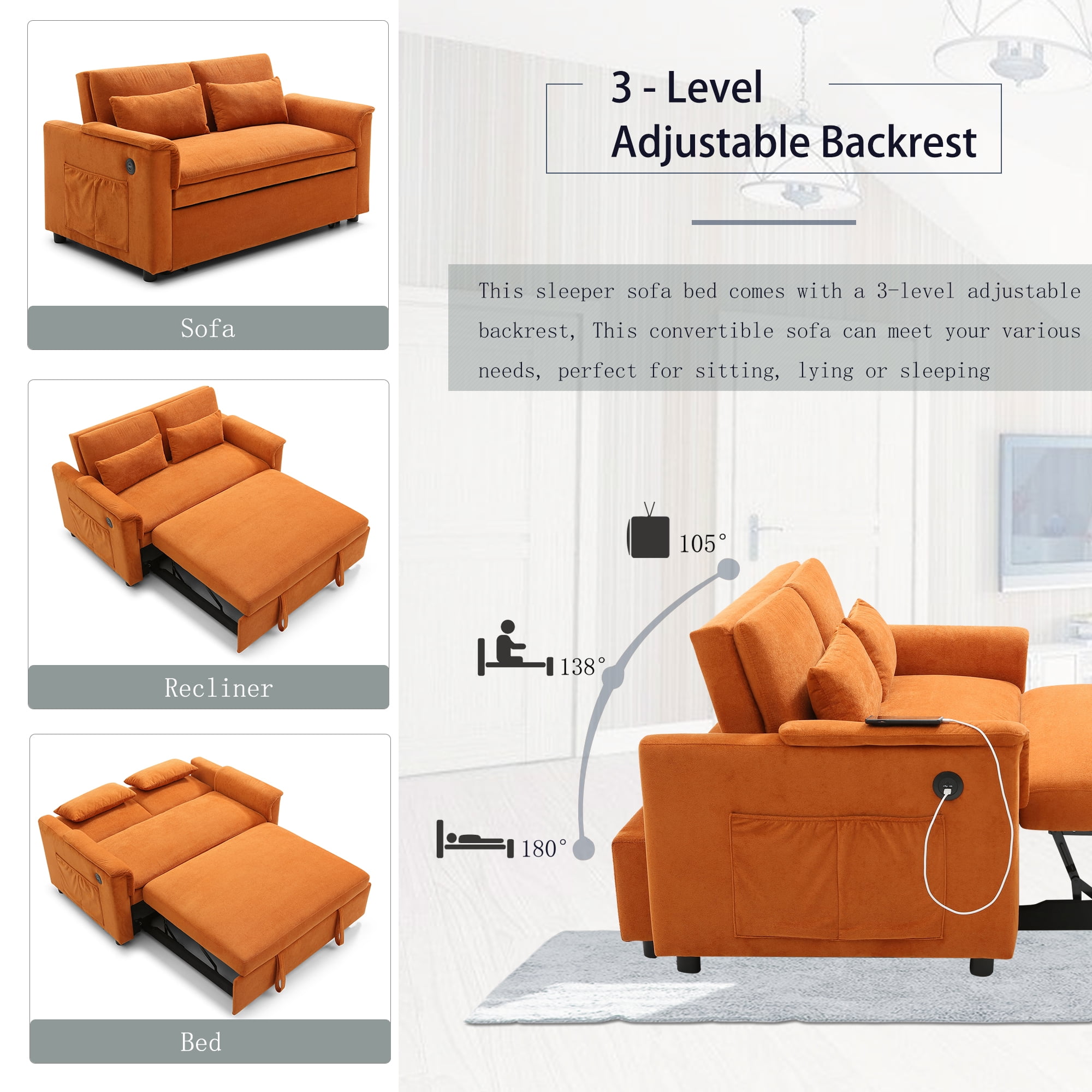 55" Convertible Sleeper Sofa Bed,3 in 1 Velvet Pull Out Sofa Bed with Adjustable Backrest & USB Ports,Modern Loveseat Sofa Couch for Living Room,Apartment,Orange