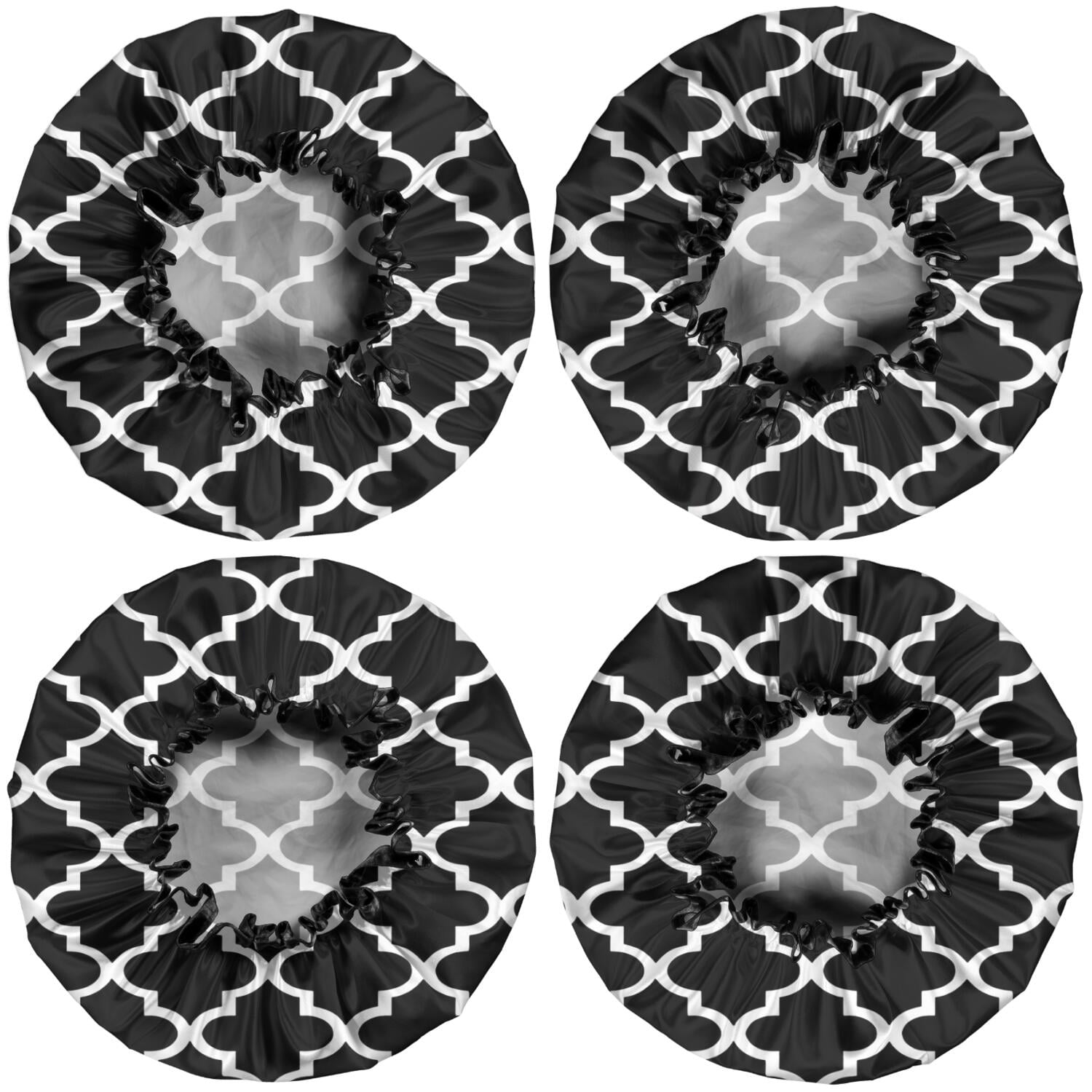 Shower Caps,Black and White Geometric Lattice Pattern Waterproof Shower Cap for Women 4 Pieces,Double Reusable Hair Cover for Shower PEVA Elastic Stretch Hem
