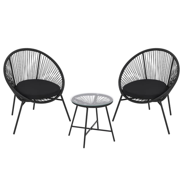 3 Piece Patio Rattan Bistro Set, Outdoor All Weather PE Wicker Conversation Furniture Set with 2 Chairs, Cushions & Tempered Glass Top for Poolside/Porch/Garden/Yard