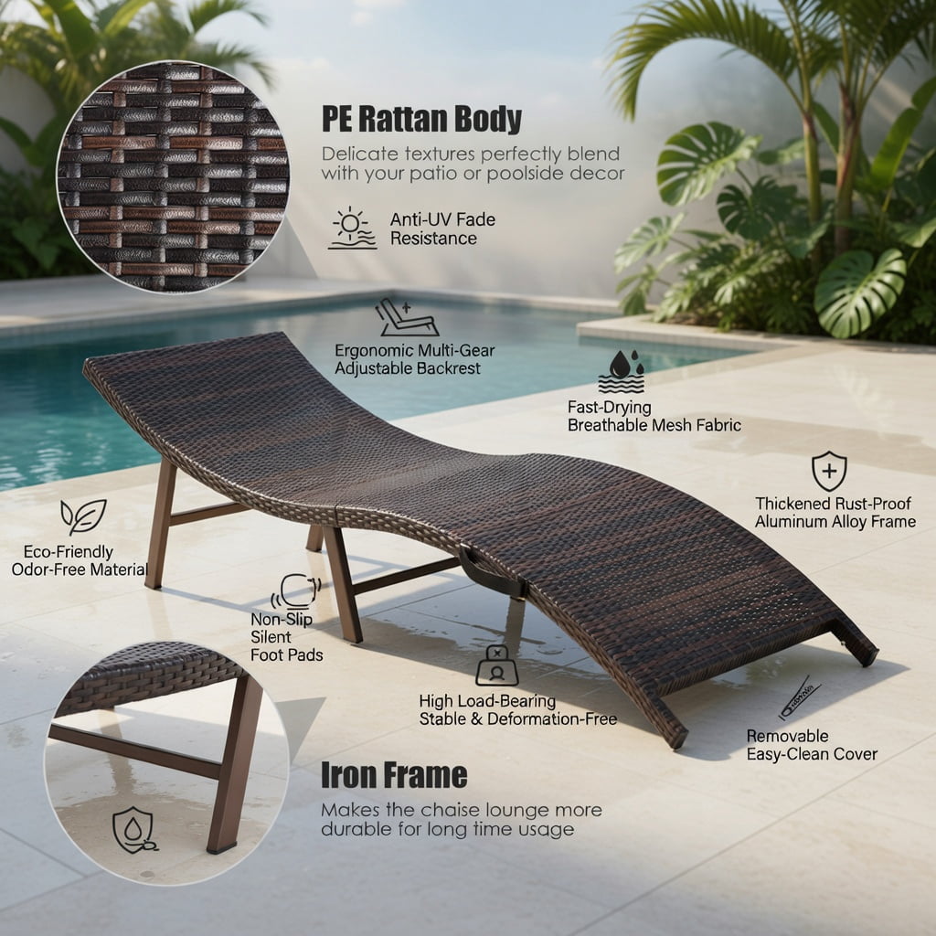 Hommoo 2-Pack Foldable Outdoor Chaise Lounge Chairs with Cushions, PE Rattan & Steel Frame, Poolside Patio Beach Loungers, Red