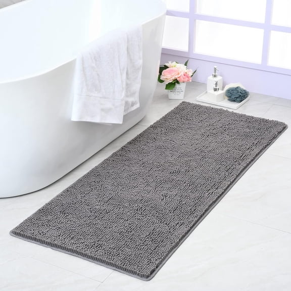 24''x 60'' Grey Long Bathroom Rugs Runner,Absorbent Bath Mats for Bathroom Non-Slip with Rubber Backing,Soft Washable Carpet,Plush Chenille Shower Mats Shaggy Durable Bath Rugs