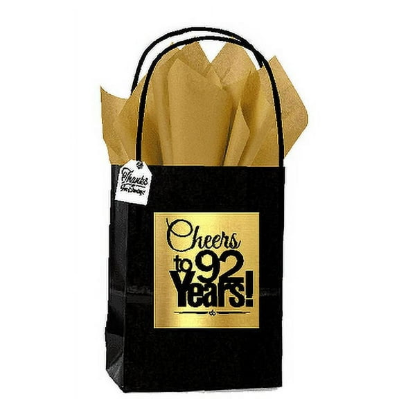 Black & Gold 92nd Birthday / Anniversary Cheers Themed Small Party Favor Gift Bags with Tags -12pack