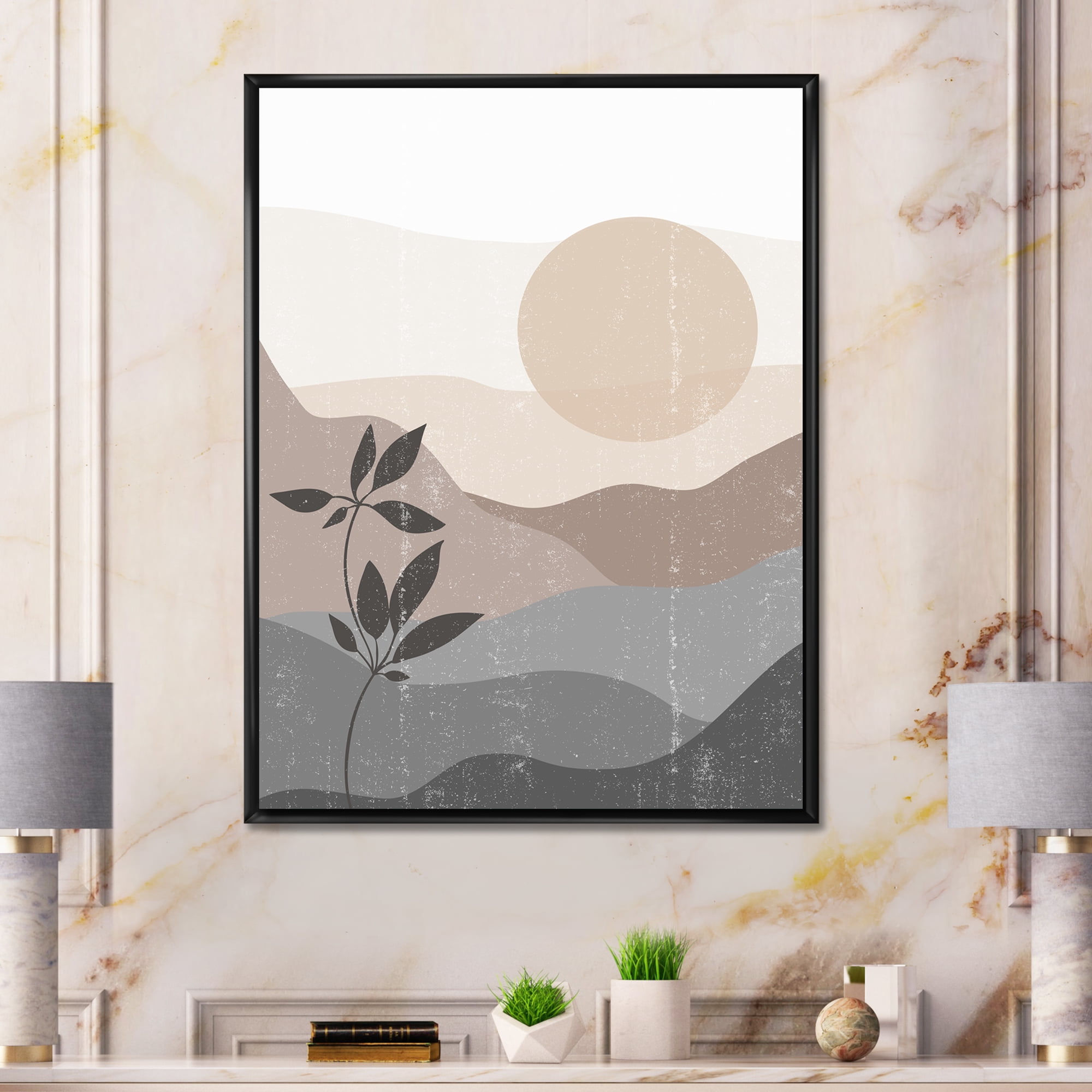 Designart 'Minimalist Sunset Over Mountain Landscape' Modern Framed Canvas Wall Art Print